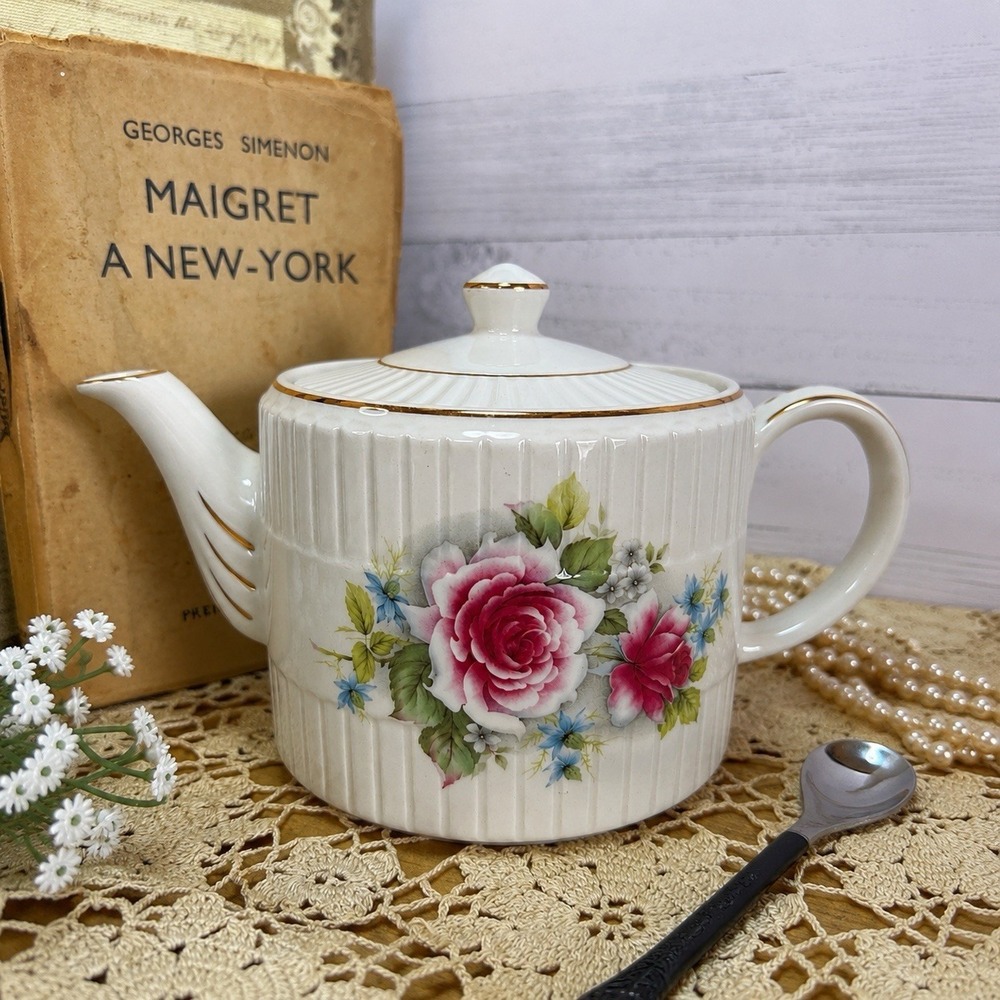 Vintage Ellgreave Ironstone Teapot Pink Rose Floral England Gold Trim Cottage